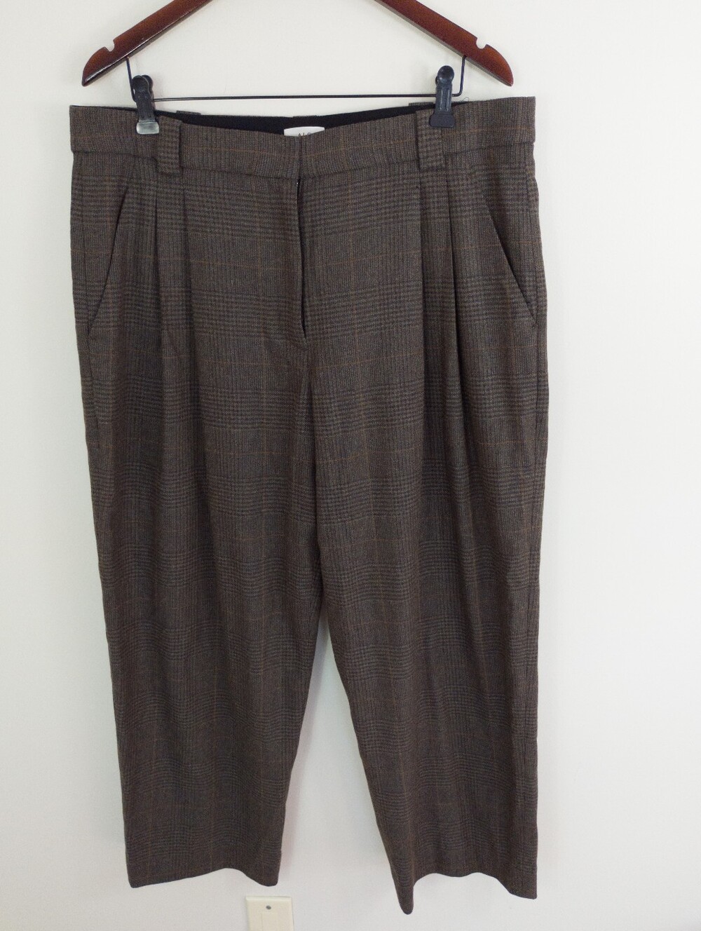 A.L.C. Franklin Plaid Pleated Wool Blend Tapered Trouser Pants Brown Size 14